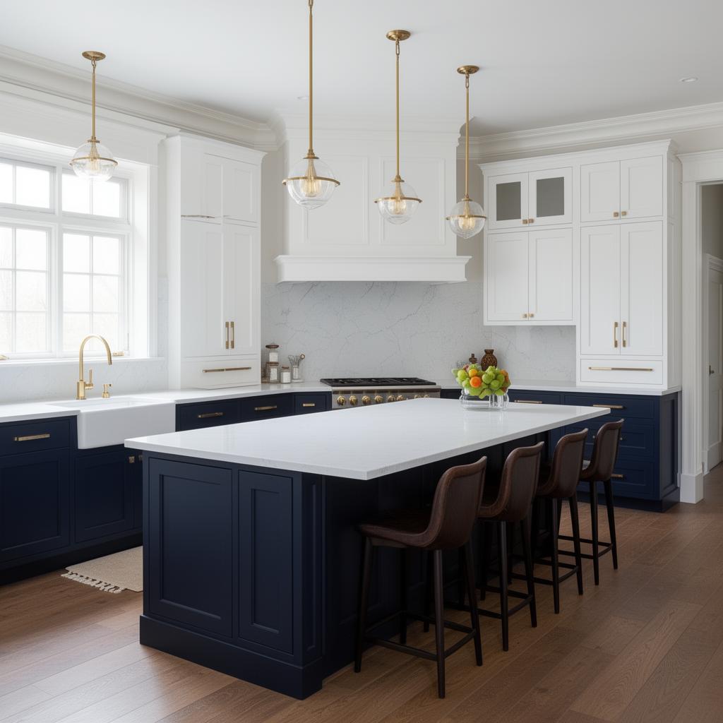 Elegant kitchen with navy cabinetry, brass hardware, and white quartz island